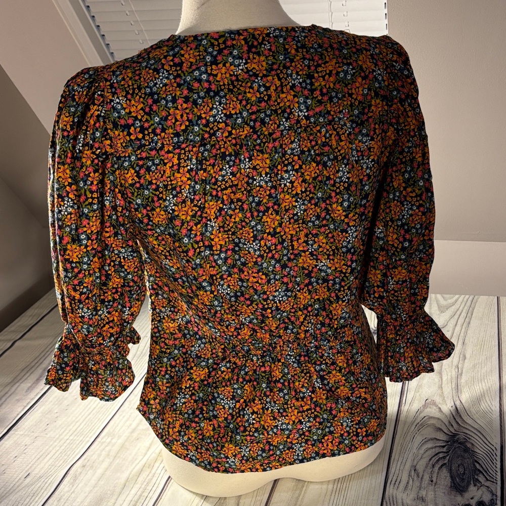 Free People Black Floral Button-Front Blouse with Orange & Pink Flowers - Picture 4 of 13